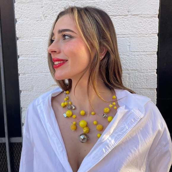 Yellow beaded statement necklace with silver accents - Picture 1 of 2